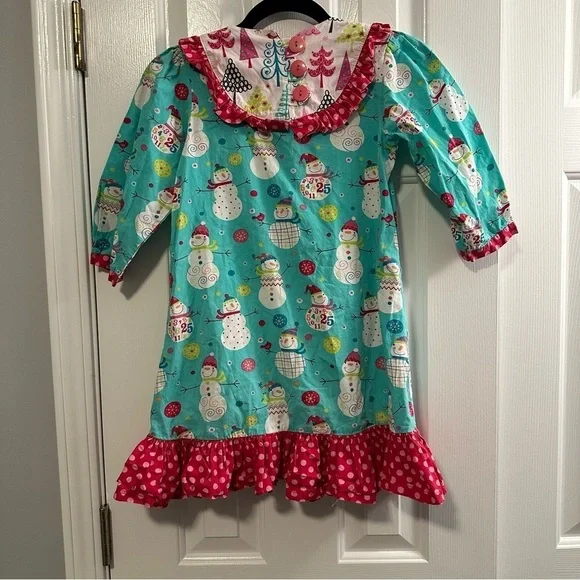 Jelly The Pug Snowman Holiday Ruffle Dress 100% Cotton Girls Size 8 - Picture 3 of 7